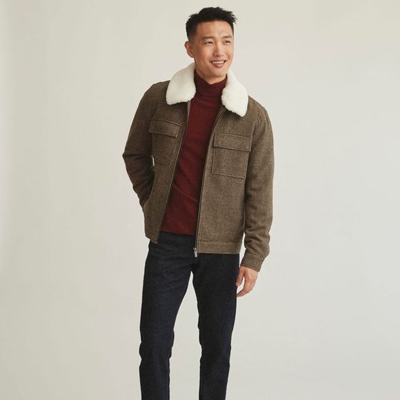 RW&CO Men's Short Houndstooth Wool Jacket With Removable Sherpa Collar - Picture 4 of 4